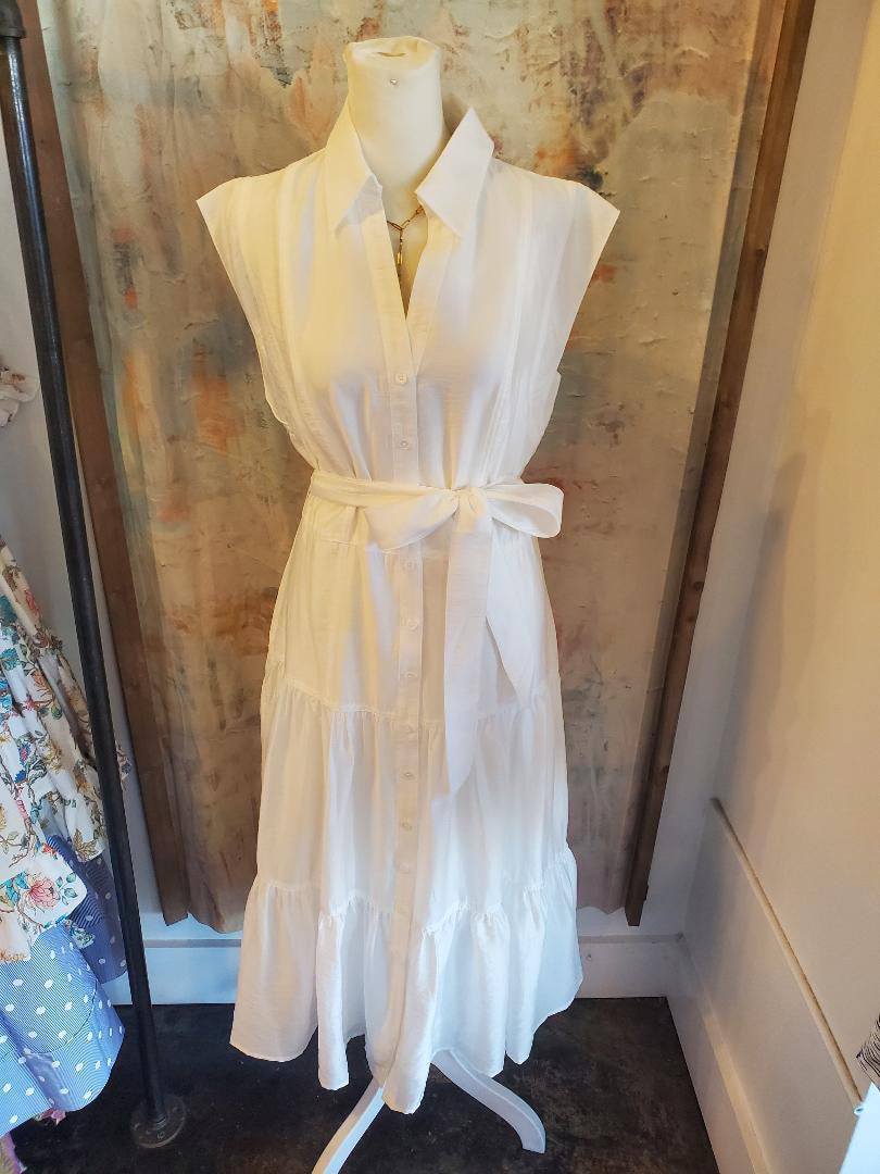 Shirt Collar Cap Sleeve Lined Dress with Tie