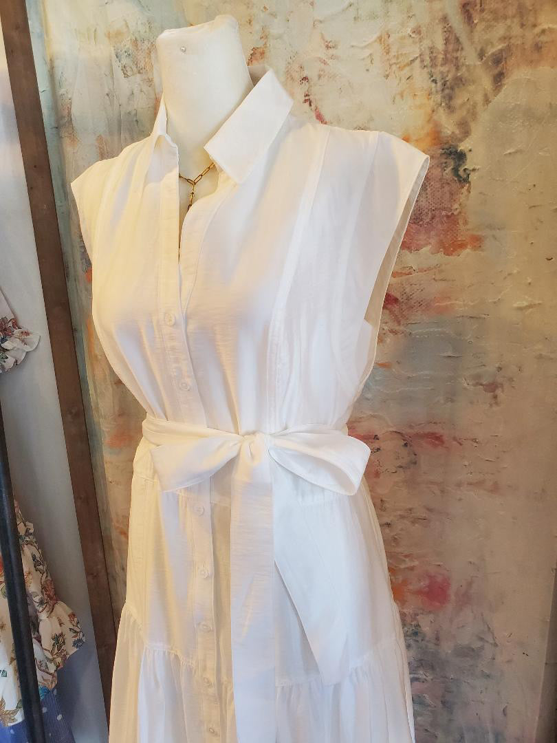 Shirt Collar Cap Sleeve Lined Dress with Tie