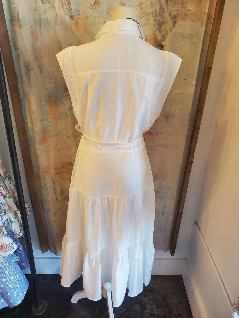 Shirt Collar Cap Sleeve Lined Dress with Tie