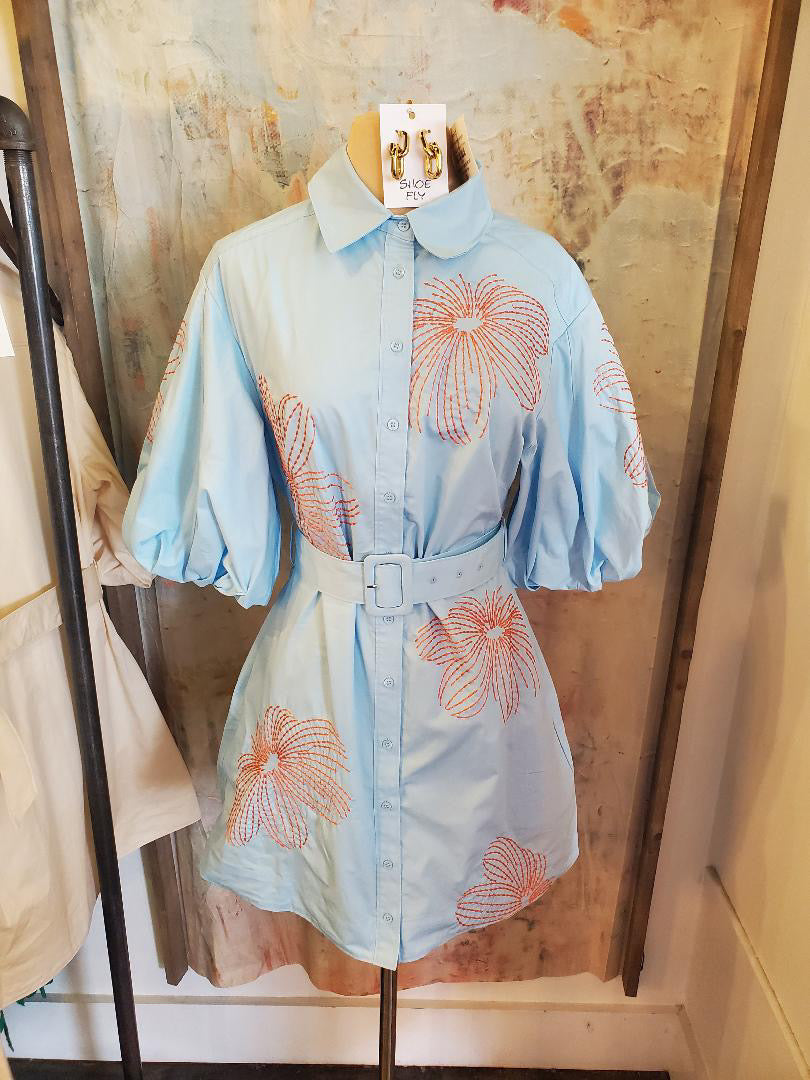 Embroidery Shirt Dress with Belt and Pockets