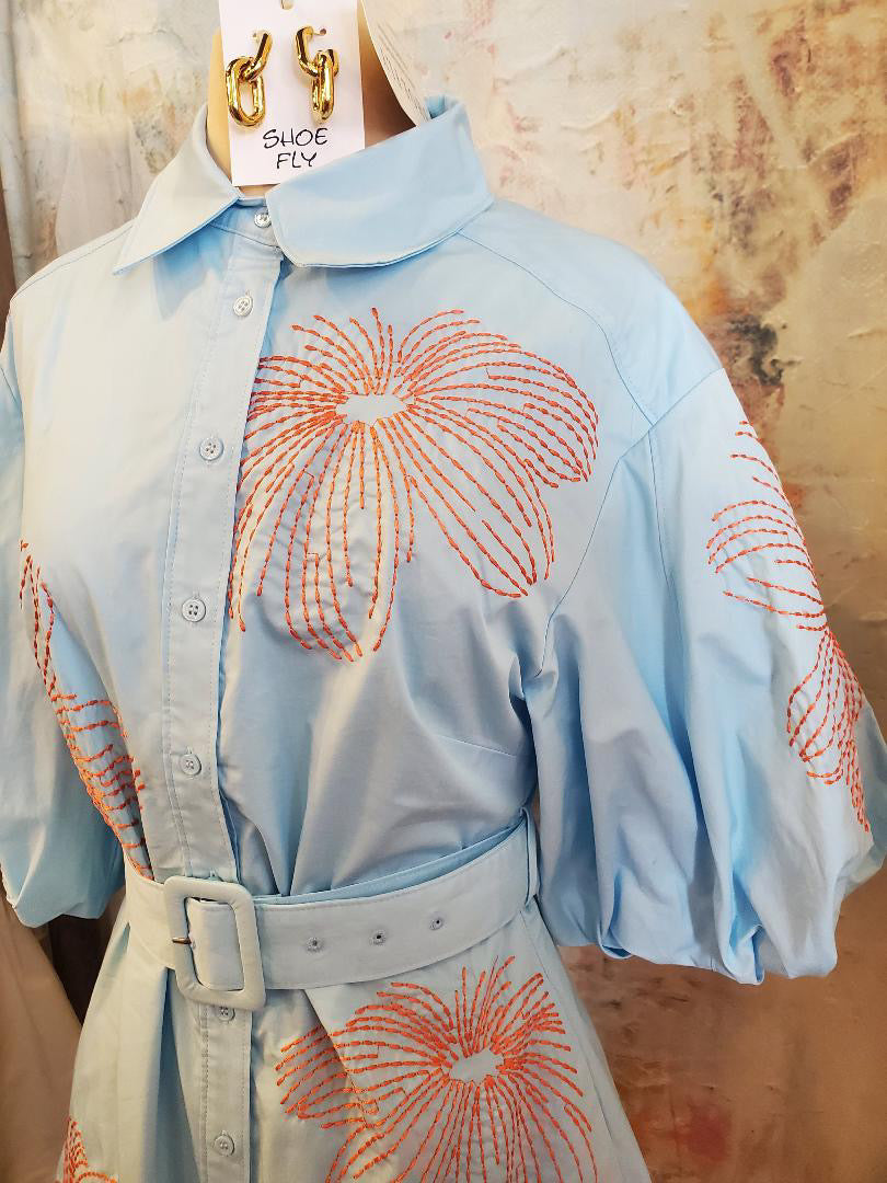 Embroidery Shirt Dress with Belt and Pockets