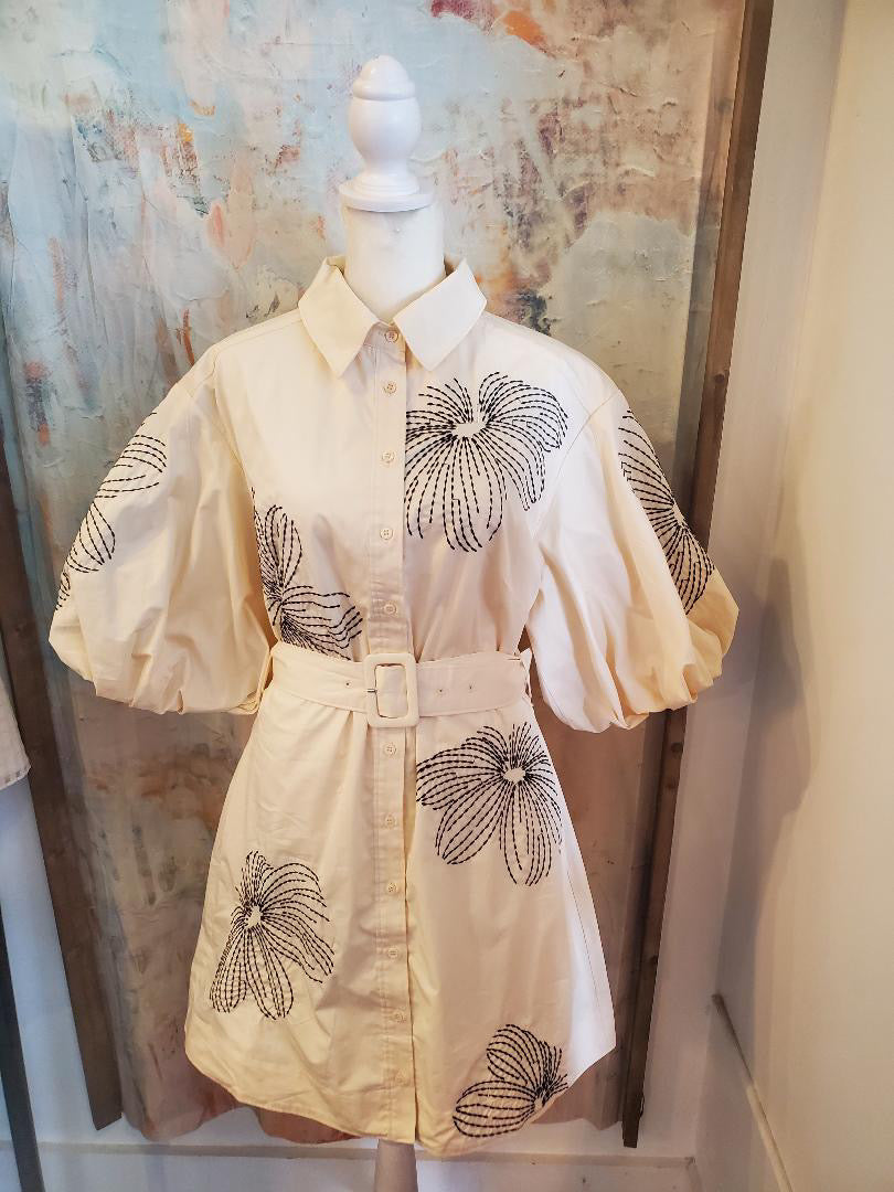 Embroidery Shirt Dress with Belt and Pockets