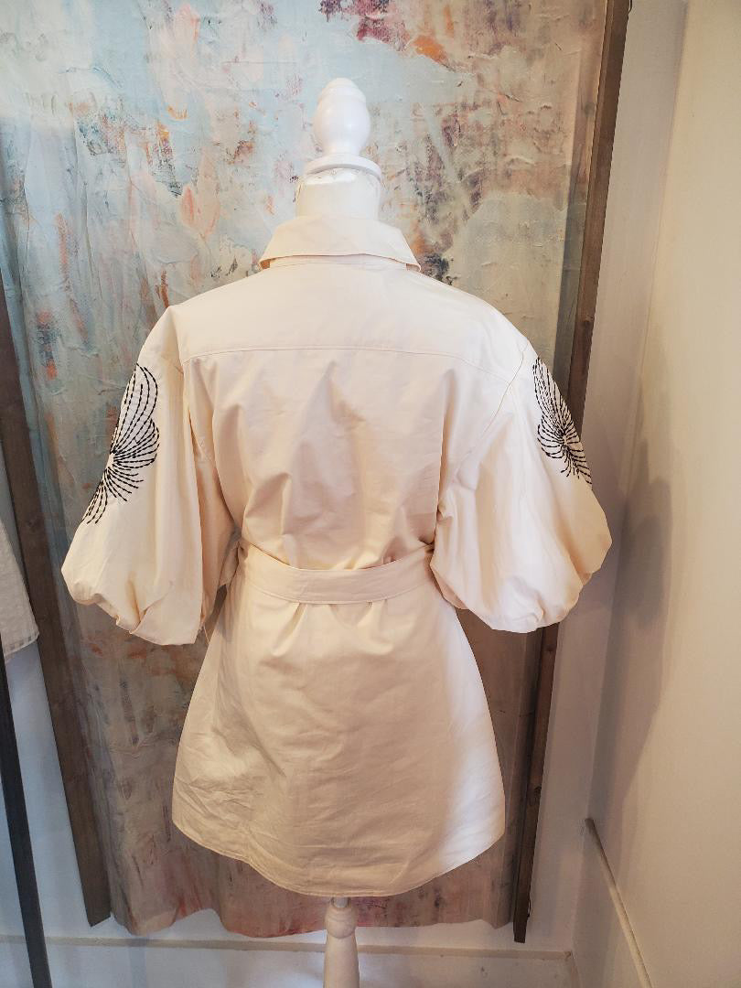 Embroidery Shirt Dress with Belt and Pockets