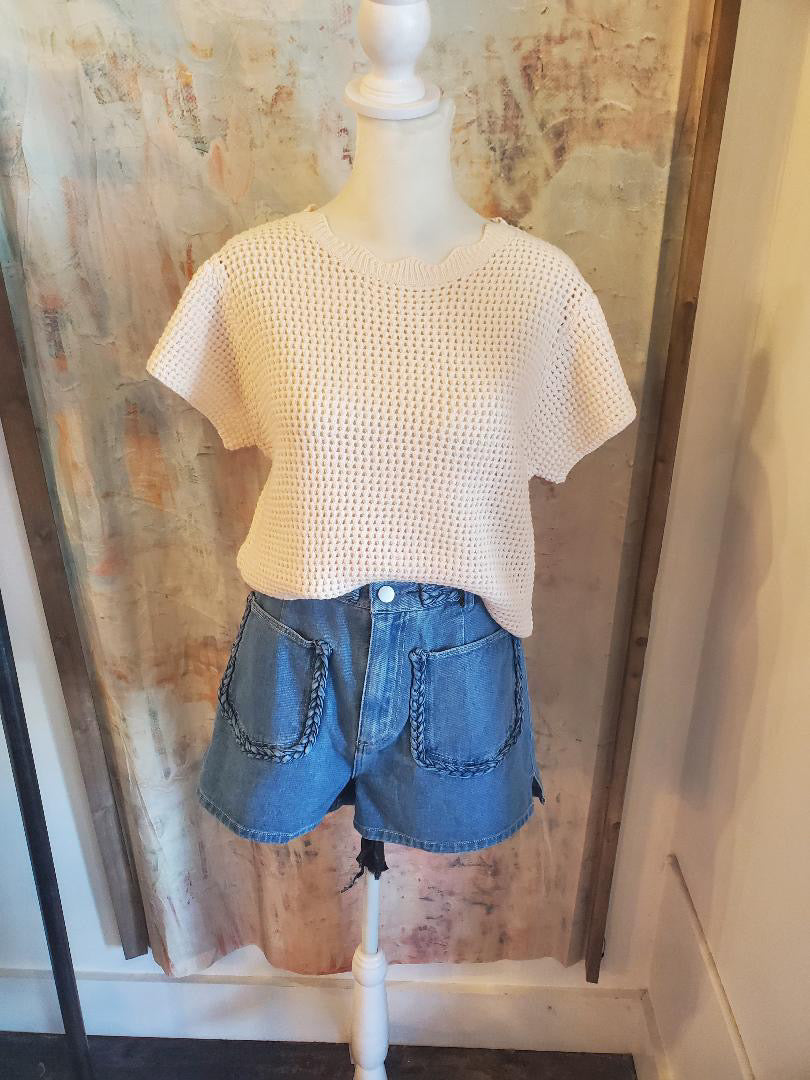 Braided Detail Denim Shorts with Pockets
