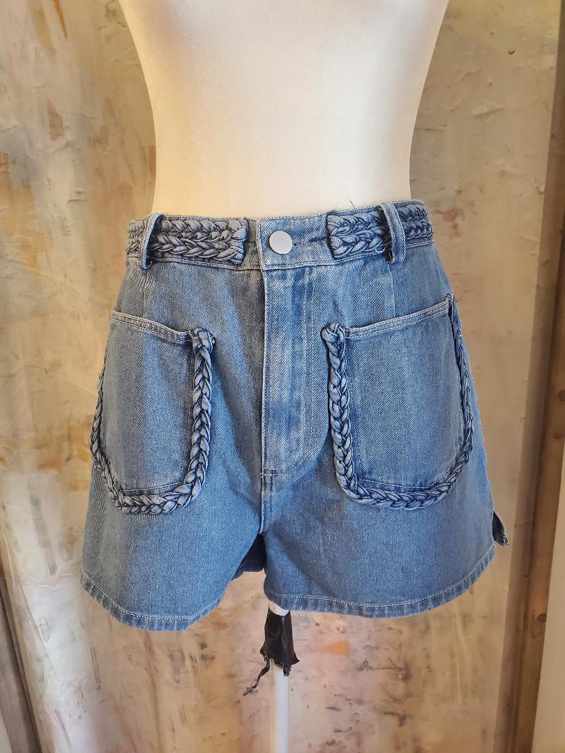 Braided Detail Denim Shorts with Pockets