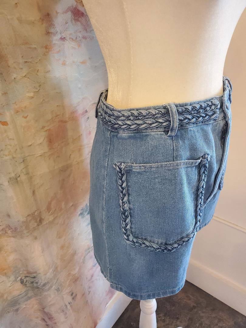 Braided Detail Denim Shorts with Pockets