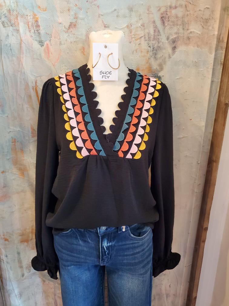 Black Multi Detail Long Sleeve Top