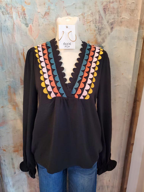 Black Multi Detail Long Sleeve Top