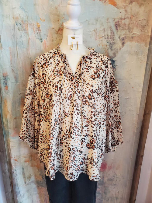 Animal Print Bubble Sleeve Blouse_