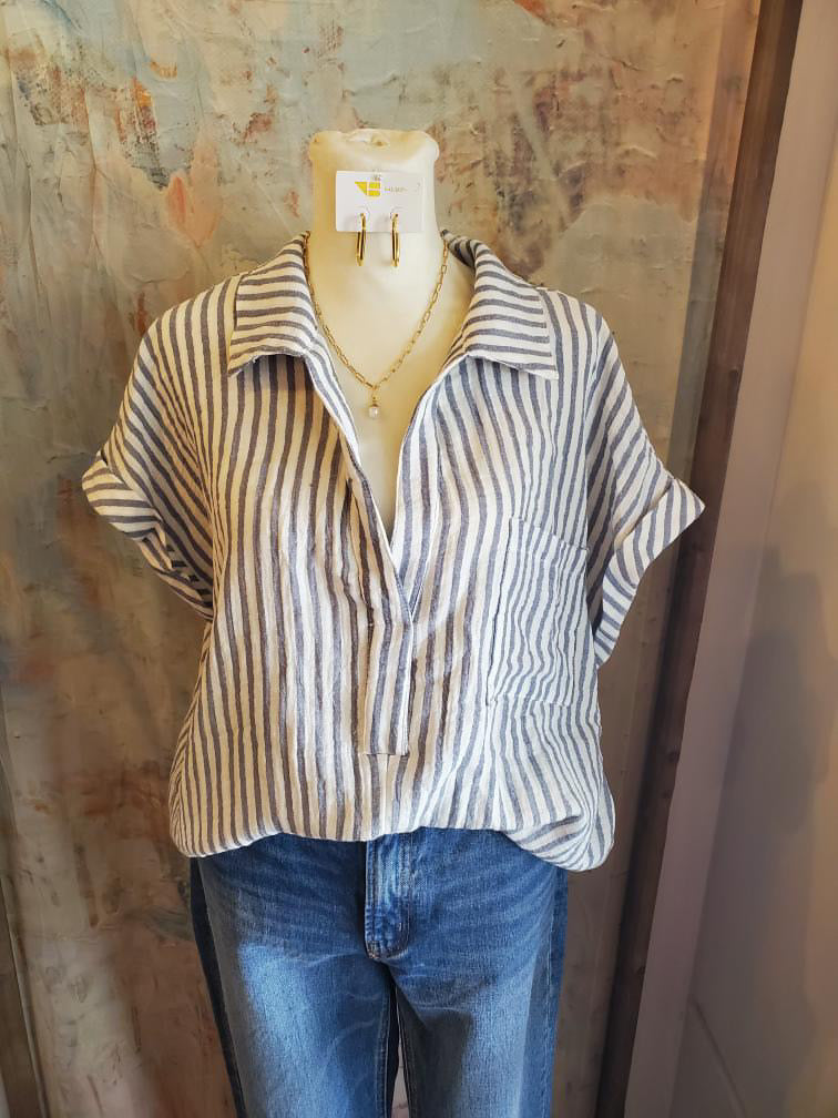 Stripe Short Sleeve Raw Edge Top