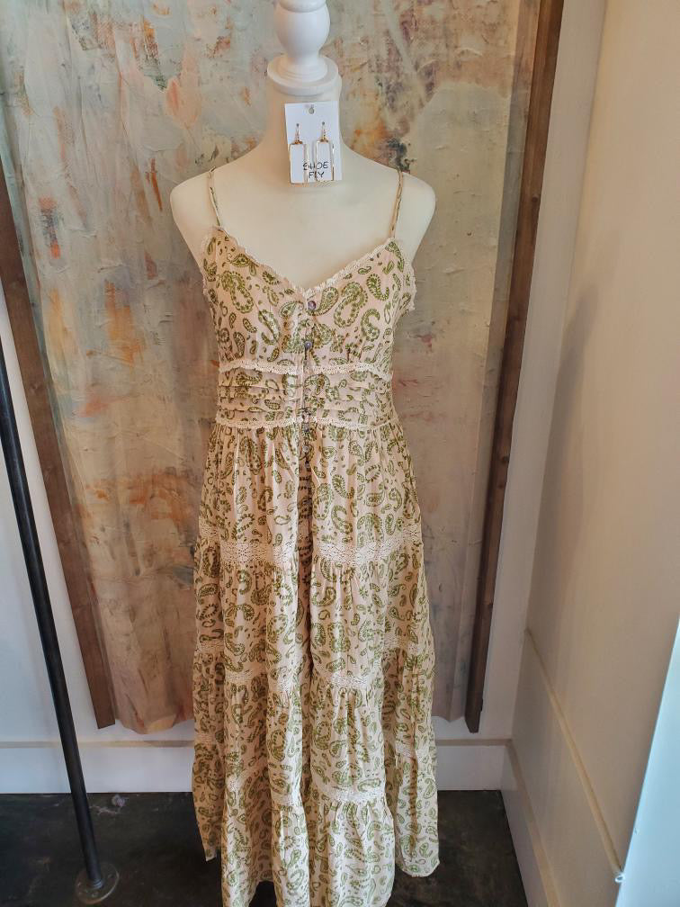 Cream/Green Floral Midi Dress