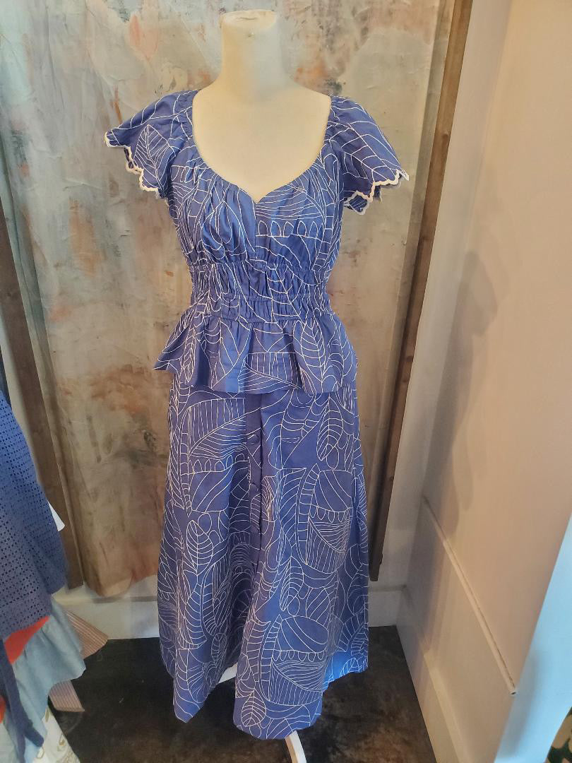 Blue Print Button Front Elastic Waist Skirt