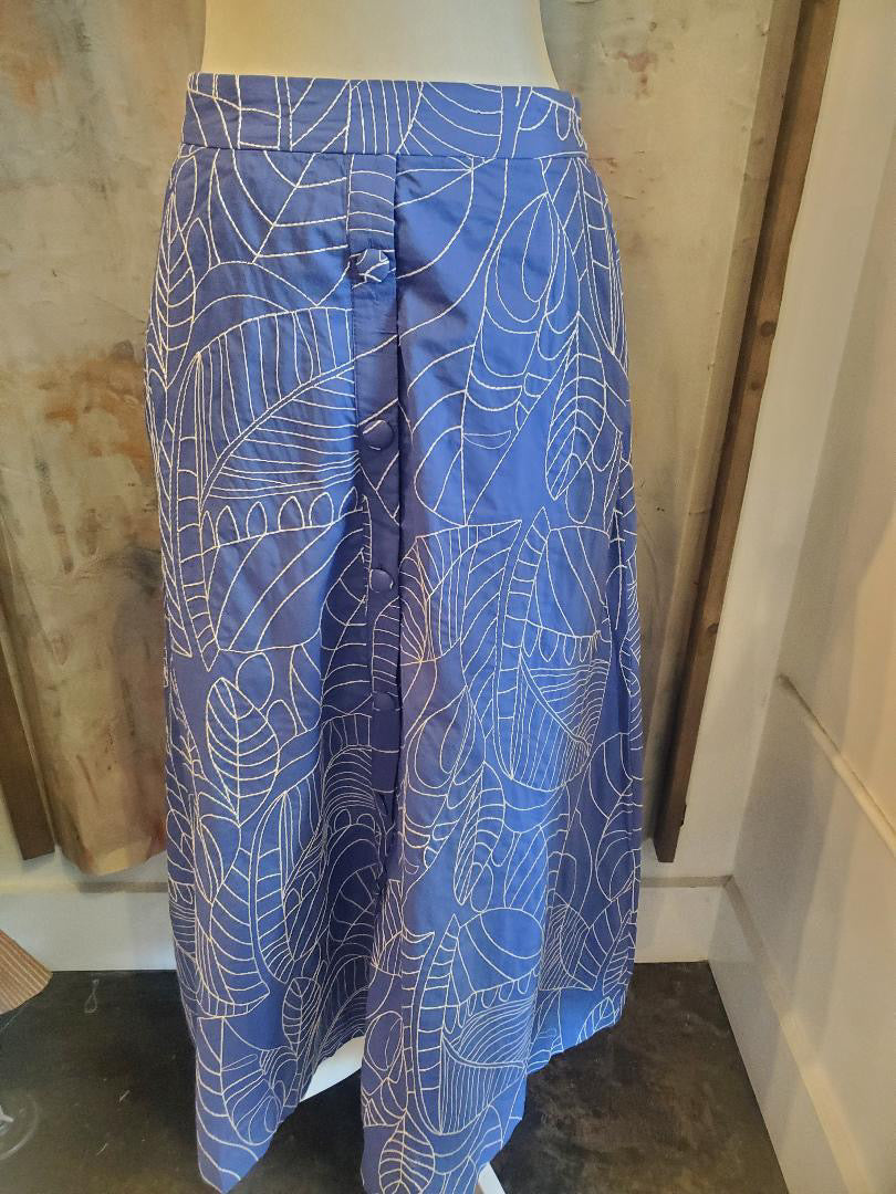 Blue Print Button Front Elastic Waist Skirt