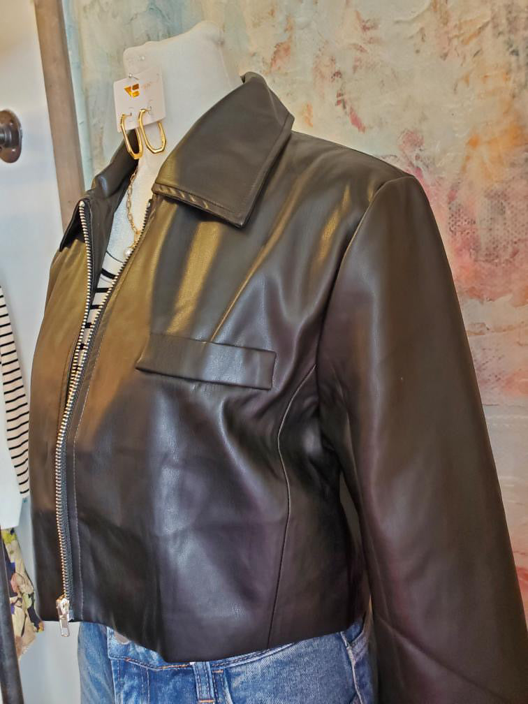 Faux Leather Crop Jacket with Zip Detail