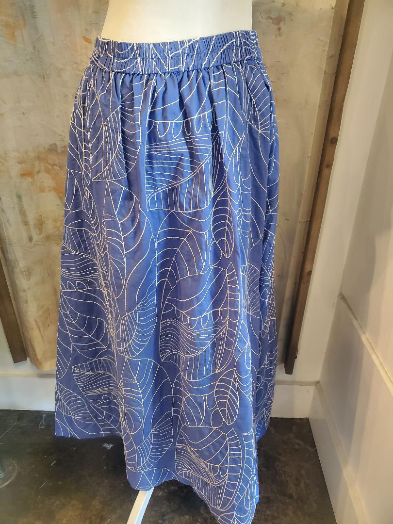 Blue Print Button Front Elastic Waist Skirt