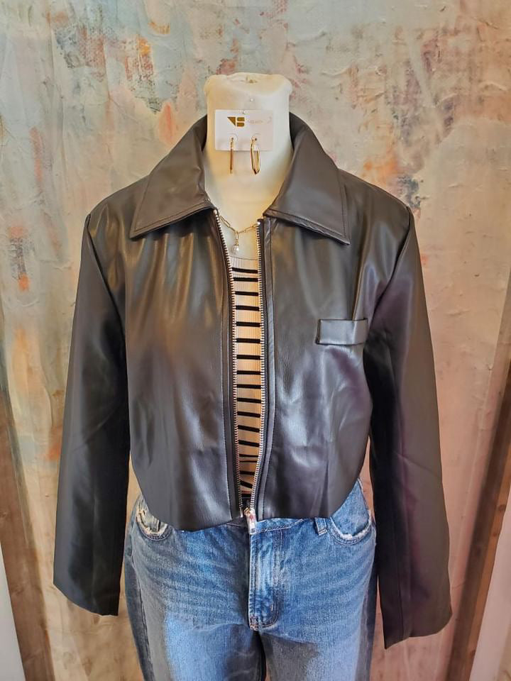 Faux Leather Crop Jacket with Zip Detail