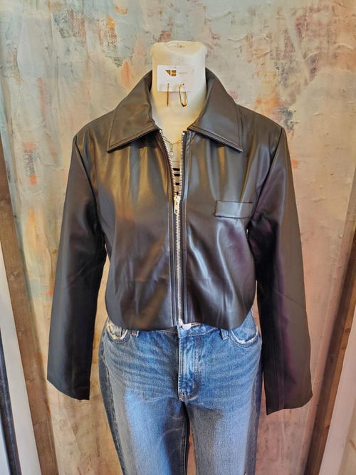 Faux Leather Crop Jacket with Zip Detail