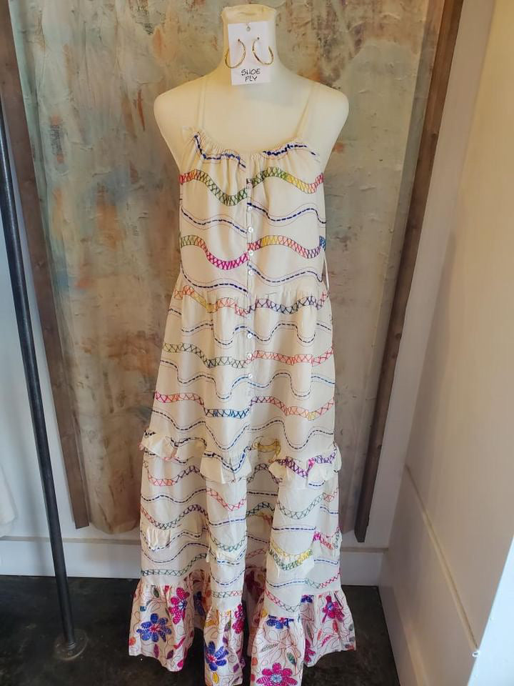 Tiered Embroidered Dress with Spaghetti Straps