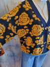 V Neck Button Sweater Black/Gold Floral