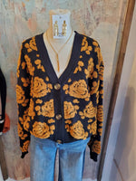 V Neck Button Sweater Black/Gold Floral