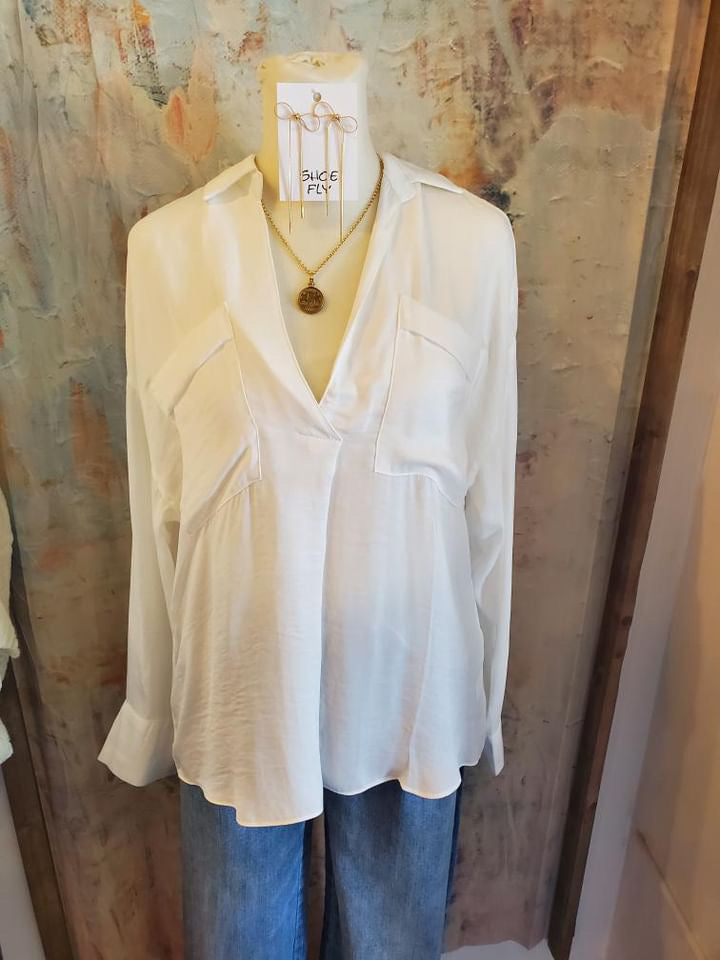 Deep V Blouse with Front Flap Pockets