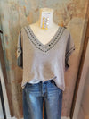 V Neck Knit Top with Blue Thread Detail