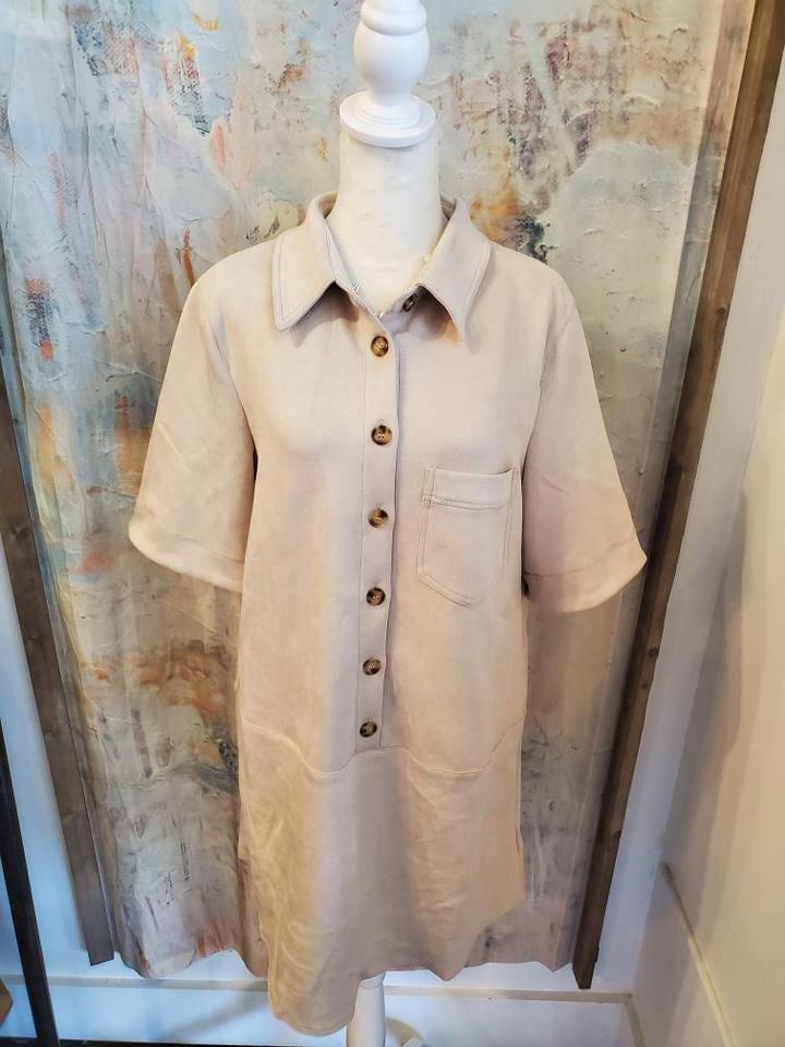 Short Sleeve Suede Cream Dress