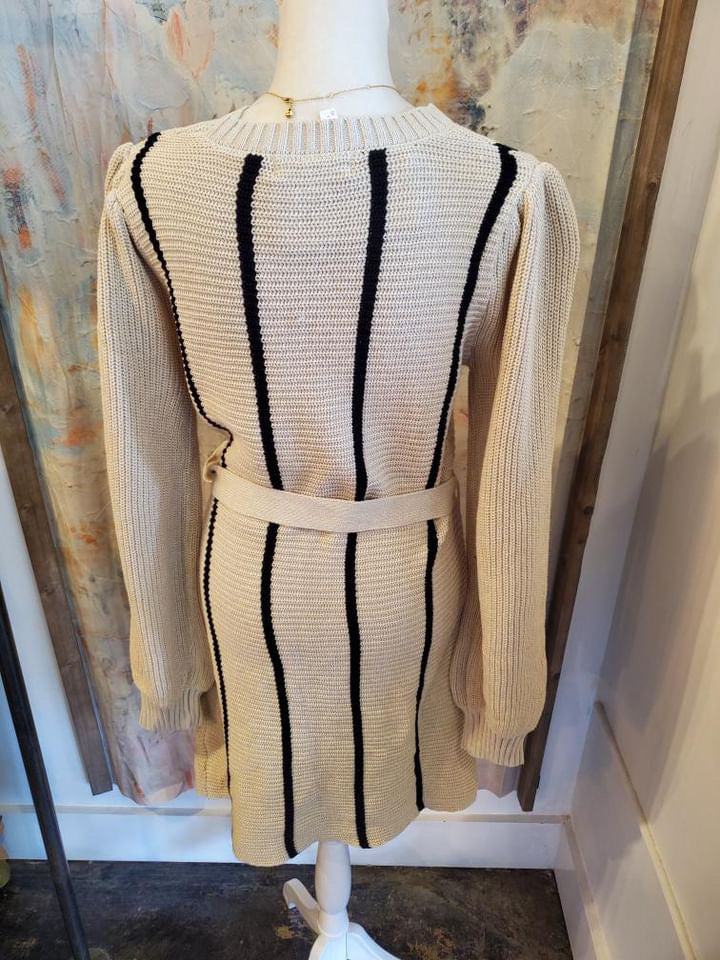 Long Sleeve Stripe Contrast Sweater Dress with Tie