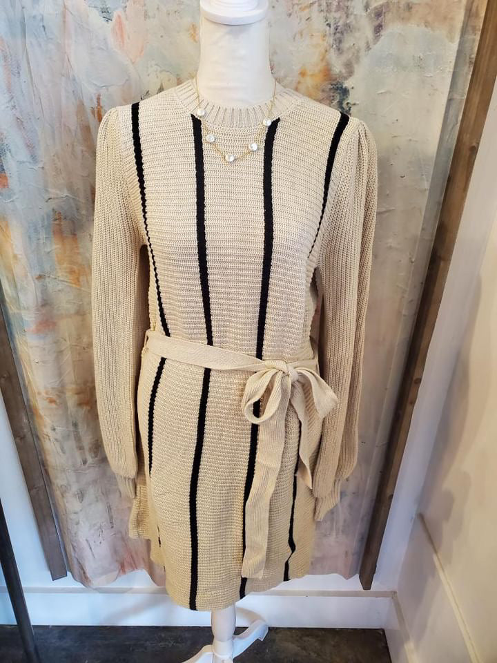 Long Sleeve Stripe Contrast Sweater Dress with Tie