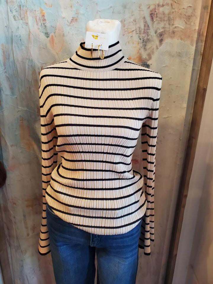 High Neck Stripe Cotton Bell Sleeve Top