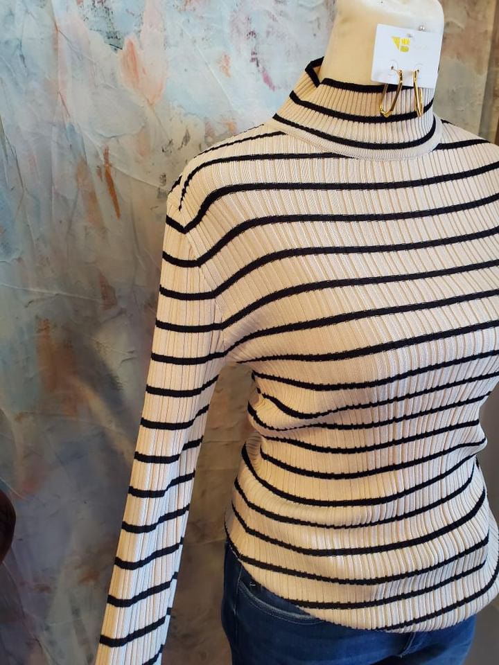 High Neck Stripe Cotton Bell Sleeve Top