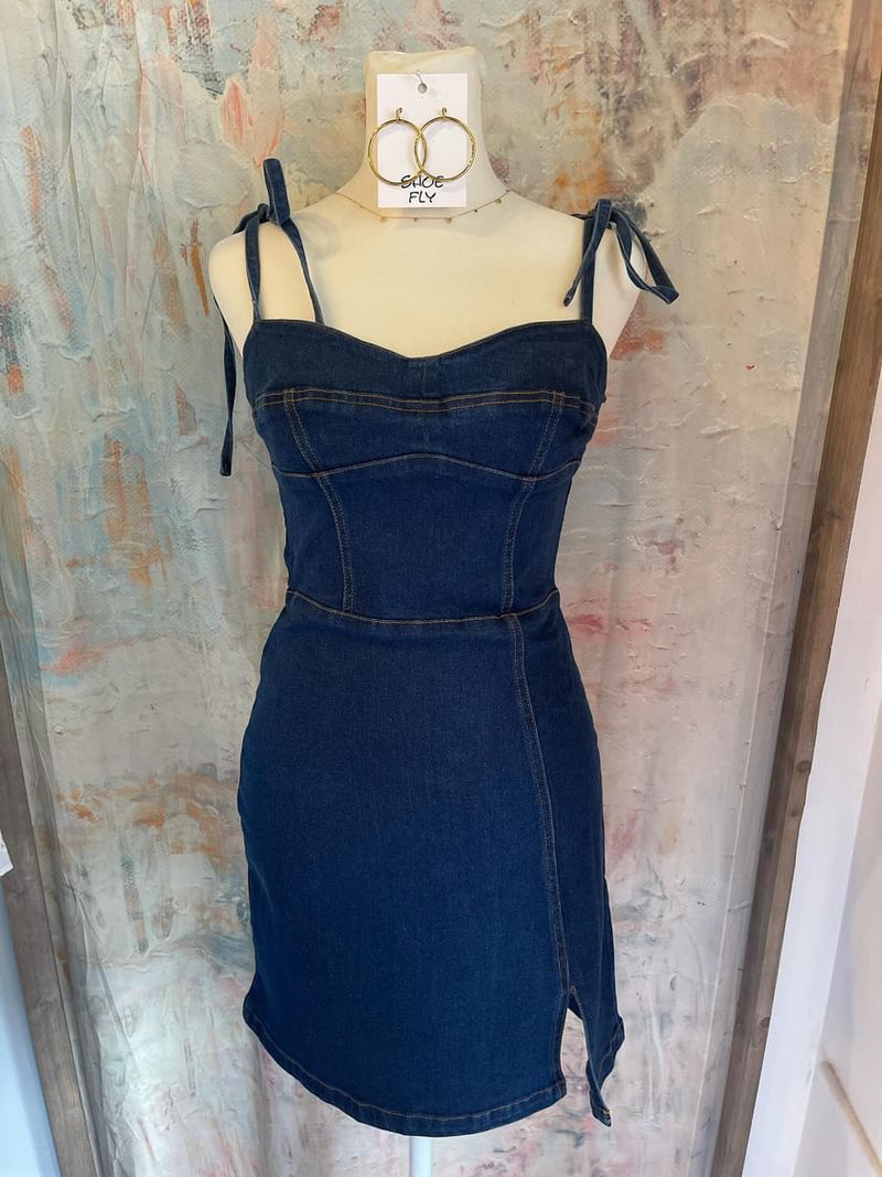 Denim Fitted Tie Shoulder Dress