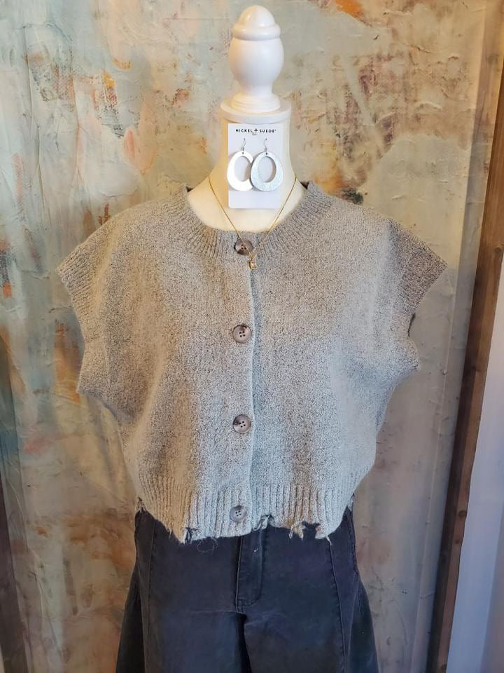 Boxy Button Down Sweater Vest with Distress Detail