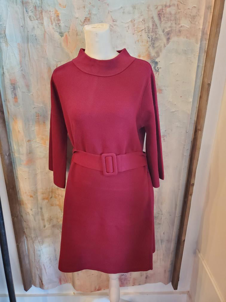 Belted Mock Neck Burgundy Sweater Dress