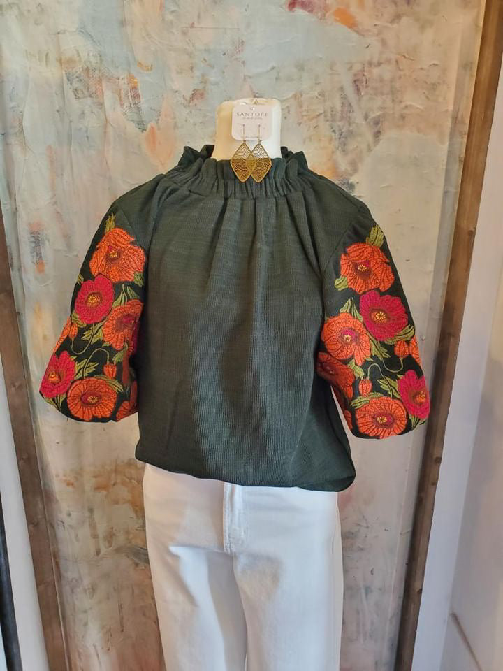 Embroidered Puff Sleeve Flower Detail Top