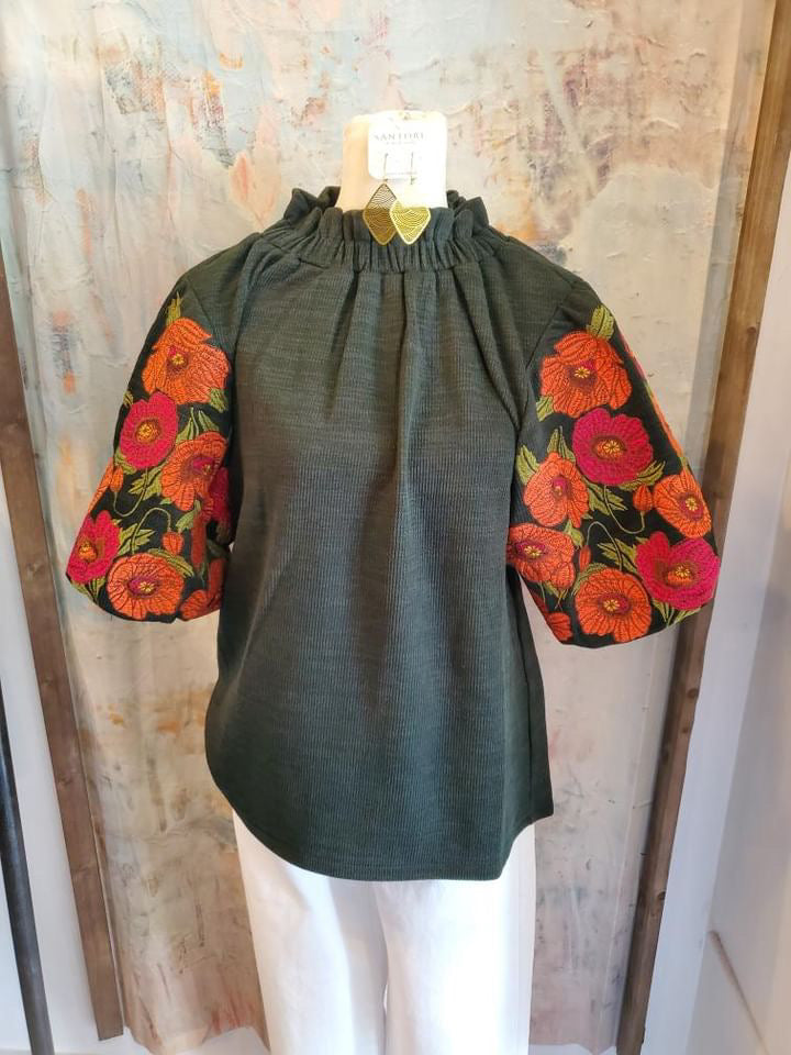 Embroidered Puff Sleeve Flower Detail Top