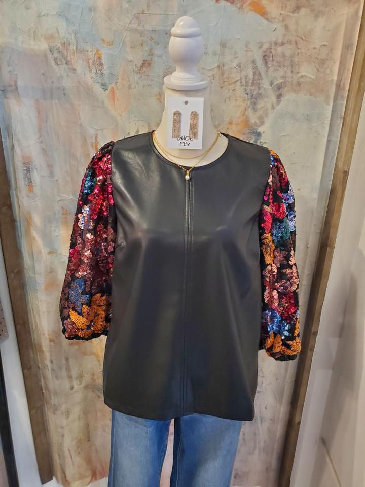 Sequin Sleeve Faux Leather Top Combo