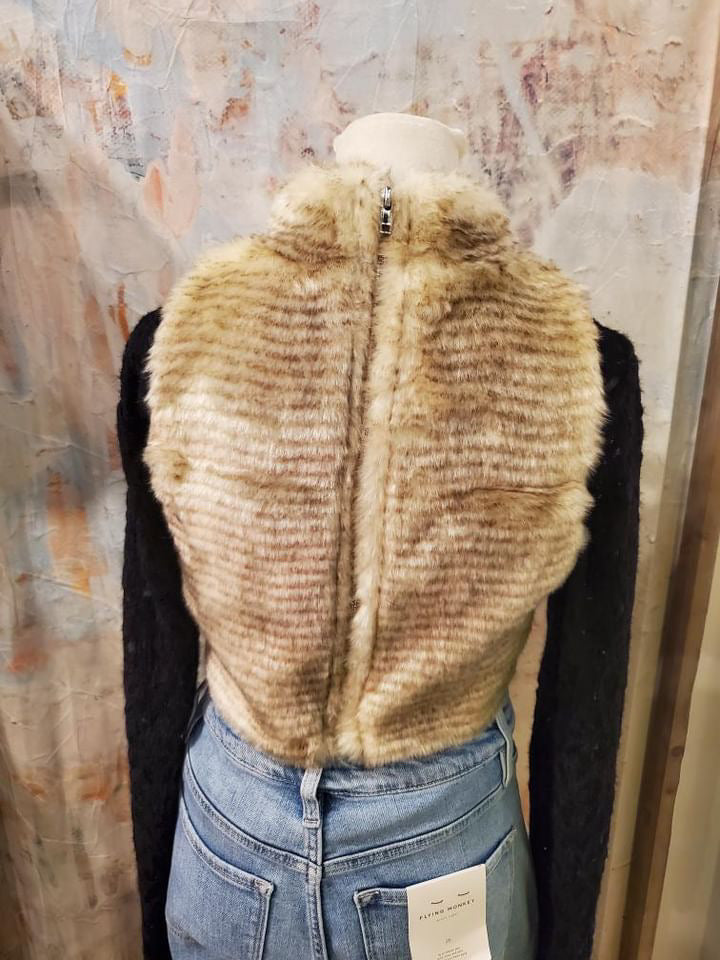 Crop Faux Fur High Neck Zip Back Top