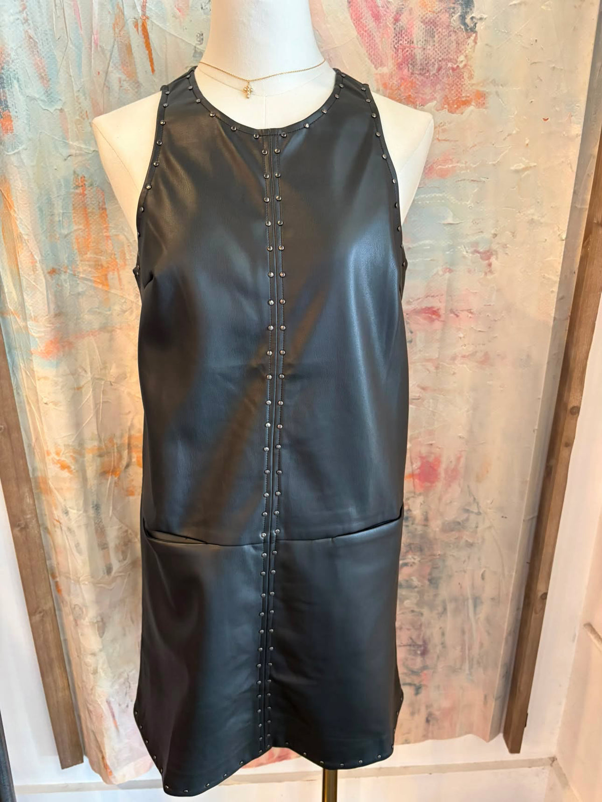 Stud Detail Faux Leather Shift Dress