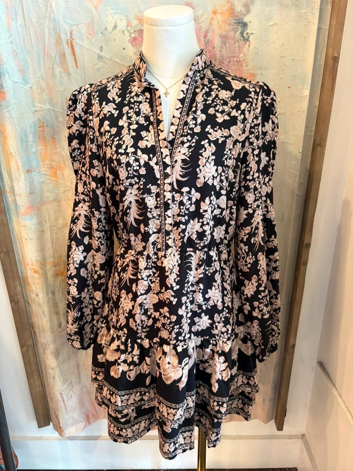 Floral Border Print Mock Collar Dress