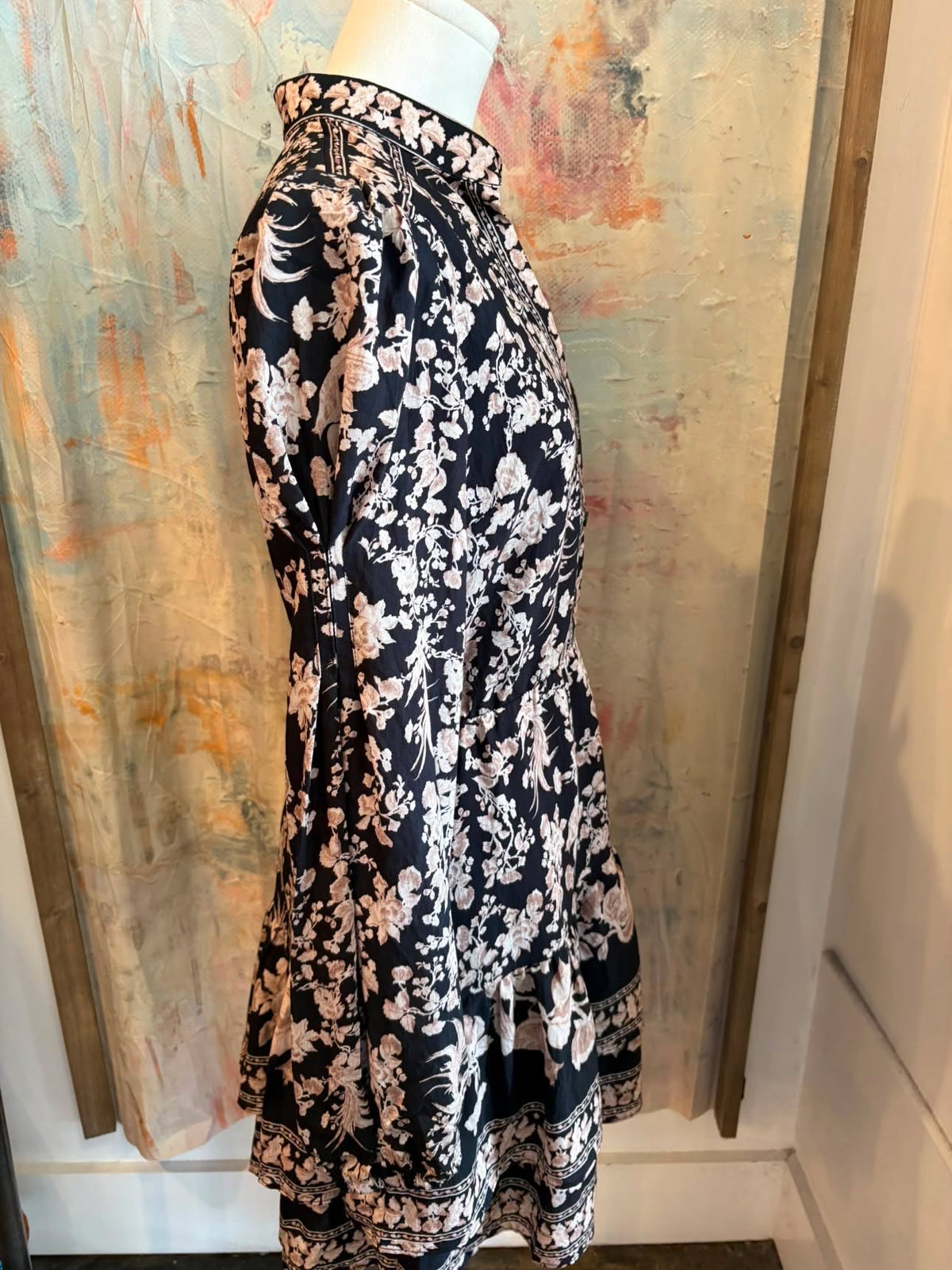 Floral Border Print Mock Collar Dress