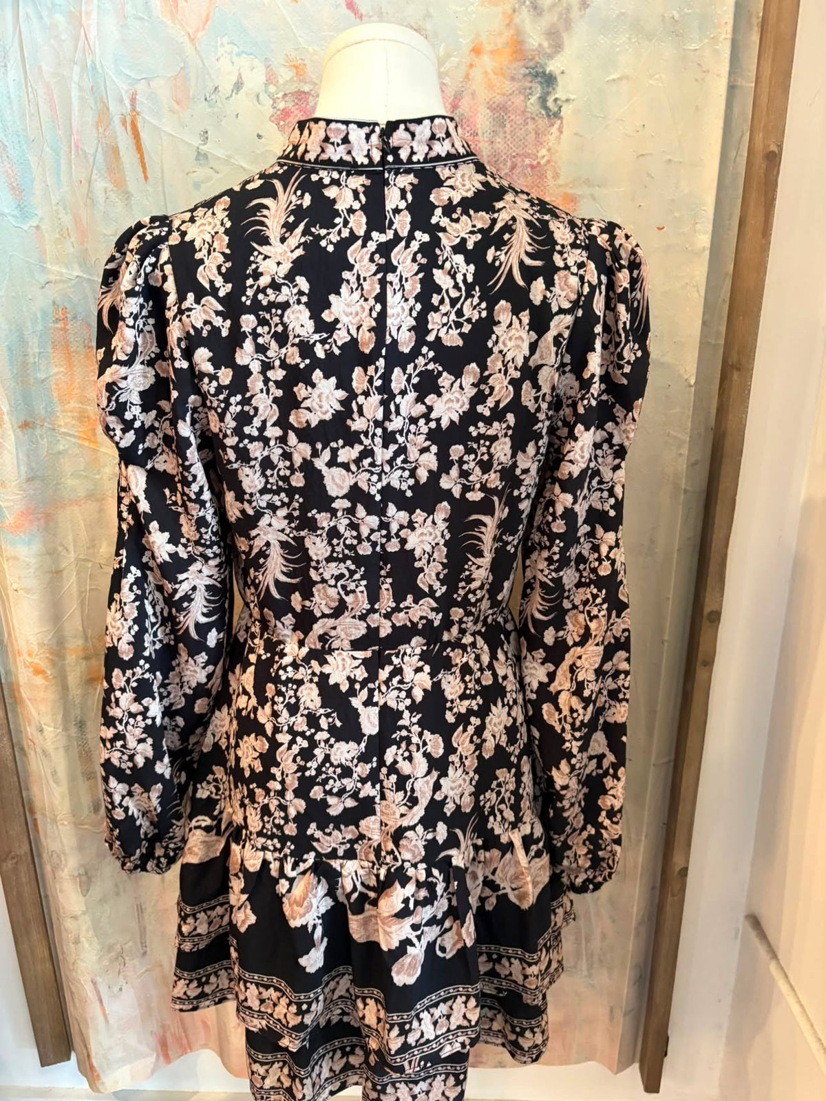 Floral Border Print Mock Collar Dress