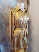 Long Sleeave Gold Dress with Waist Tie