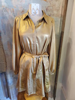 Long Sleeave Gold Dress with Waist Tie