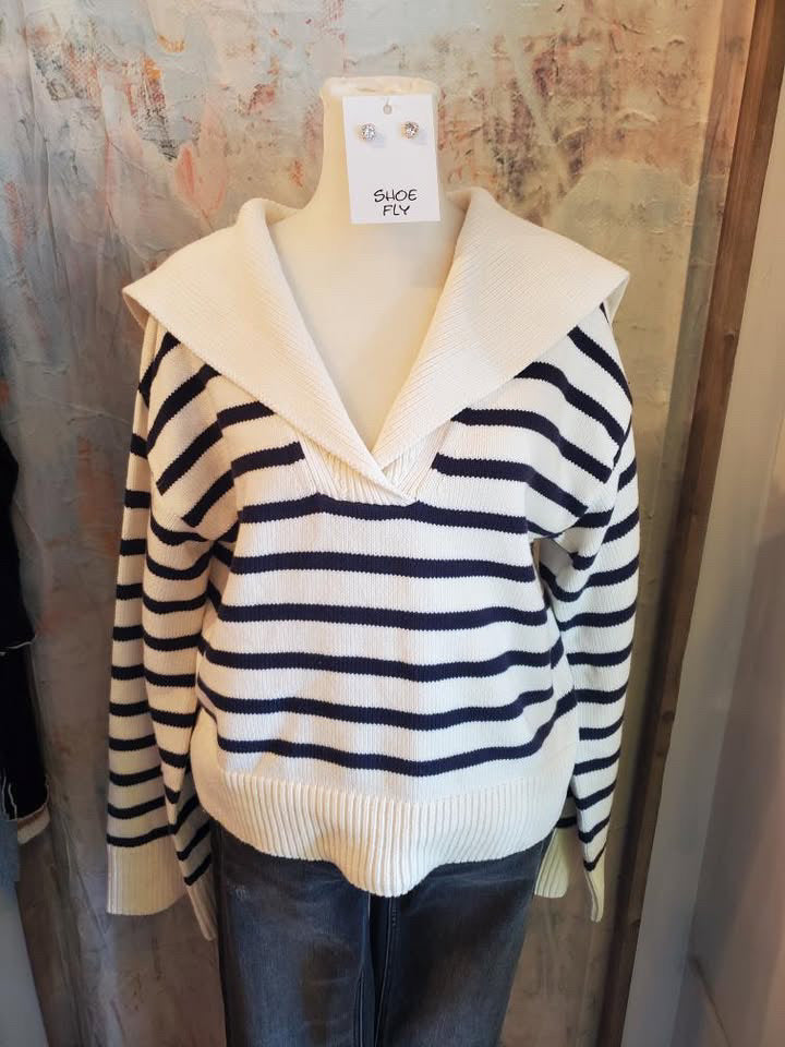 Marine Stripe V Neck Sweater