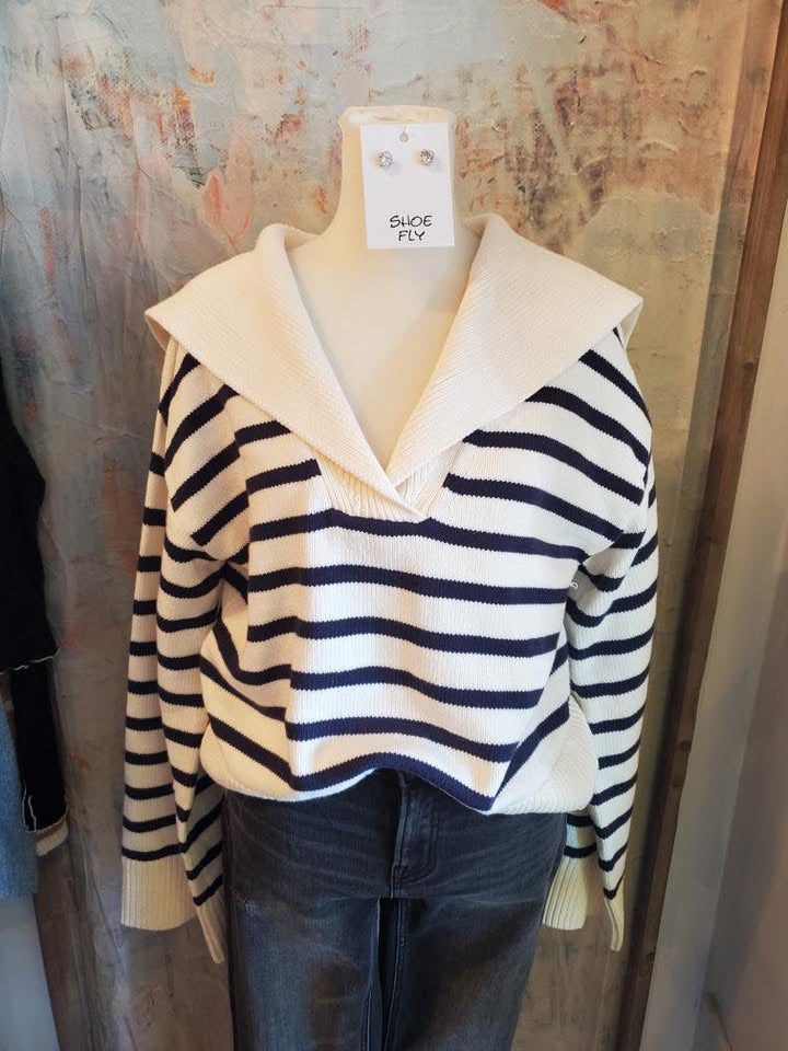 Marine Stripe V Neck Sweater