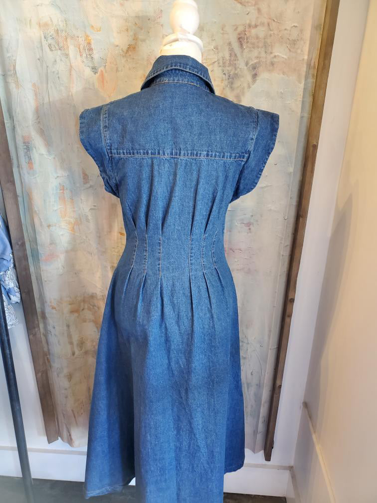 Cap Sleeve Denim Midi Button Down Dress