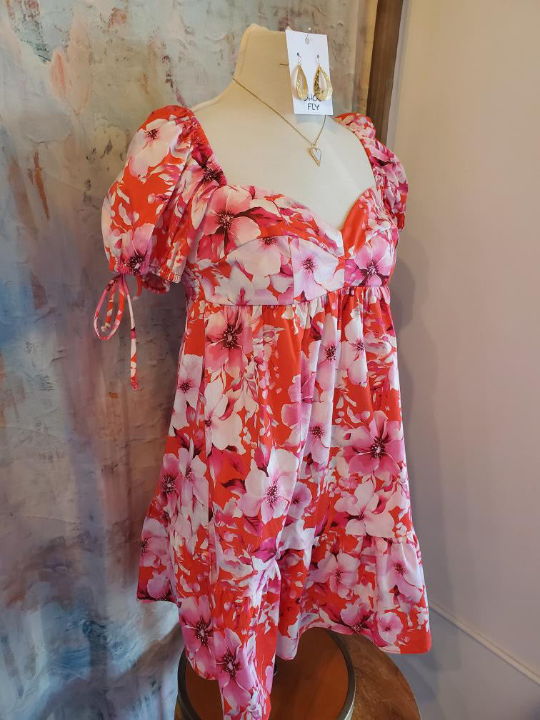 Orange Pink Floral Short Sleeve Dress