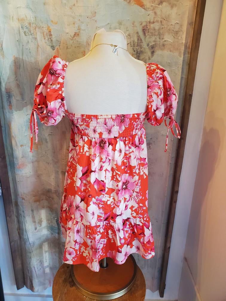 Orange Pink Floral Short Sleeve Dress