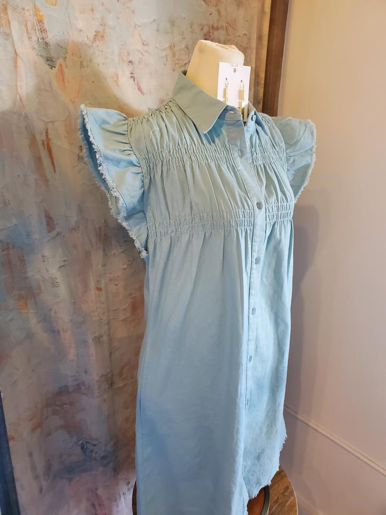 Smock Detail Light Blue Dress with Pockets